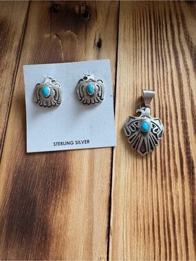 Jerold Joe Sterling Silver Turquoise Thunderbird Pendant and Stud Earrings Set